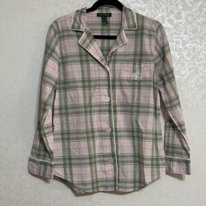 Lauren Ralph Lauren Long Sleeve Pajama Button Top Pink & Green Plaid Sleepwear M